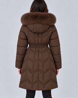 Three-quarter view of the coat showing the longer hem and overall silhouette
