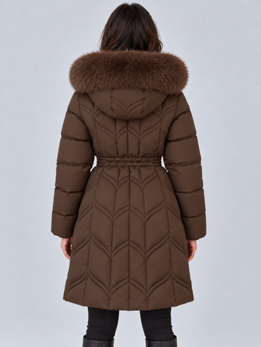 Three-quarter view of the coat showing the longer hem and overall silhouette