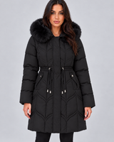 Front view of a longline quilted puffer coat with faux fur-trimmed hood and concealed zip