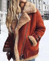 Oversized faux leather moto jacket with diagonal zip and faux fur collar, front view