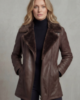 Front view of a faux leather women's jacket with a large shearling collar