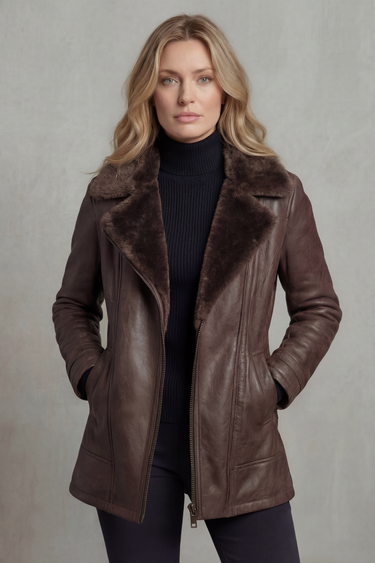 Front view of a faux leather women's jacket with a large shearling collar