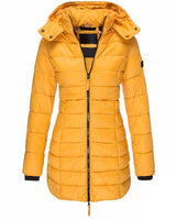 Side profile of a women's puffer jacket showing fitted hood and side pocket