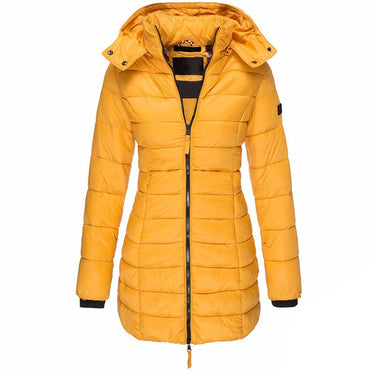 Side profile of a women's puffer jacket showing fitted hood and side pocket