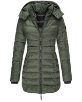 Rear view of the hooded puffer jacket showing hood and back panel