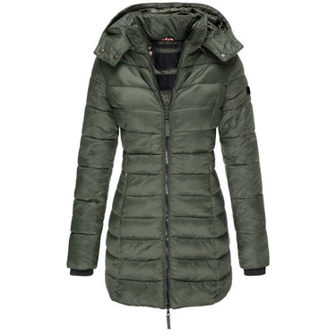 Rear view of the hooded puffer jacket showing hood and back panel
