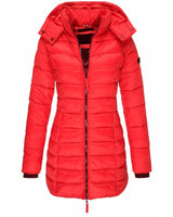 Model wearing the puffer jacket in an outdoor urban setting