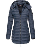 Front view of a hooded puffer jacket with full-length zip fastening