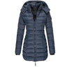 Front view of a hooded puffer jacket with full-length zip fastening