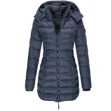 Front view of a hooded puffer jacket with full-length zip fastening