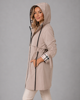 Side view of a longline hooded jacket showing the elongated silhouette and side pocket