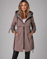 Rear view of a longline hooded jacket with structured hood