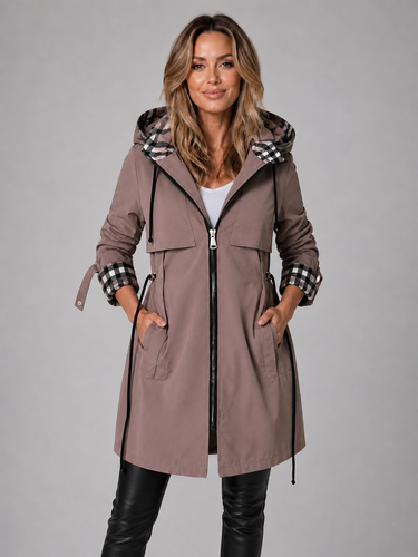 Rear view of a longline hooded jacket with structured hood