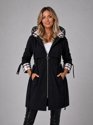 Close-up of the front zip closure and hood on a longline hooded jacket