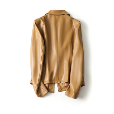 Side view of the leather blazer showing welt pocket and structured silhouette