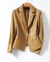 Front view of a tailored lambskin leather blazer with notched lapels and single button