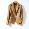 Front view of a tailored lambskin leather blazer with notched lapels and single button