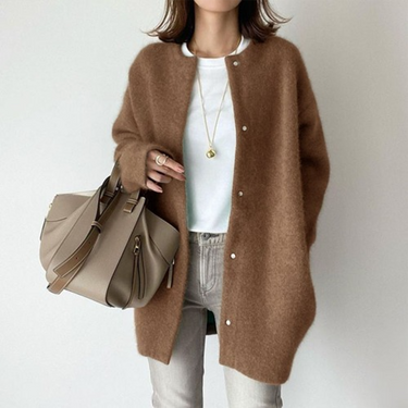 Rear view of the longline cardigan showing the relaxed fit