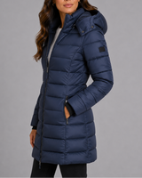Side profile of womens longline puffer coat showing extended hem length
