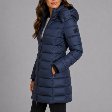 Side profile of womens longline puffer coat showing extended hem length