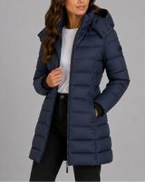 Close-up of adjustable hood on quilted puffer coat