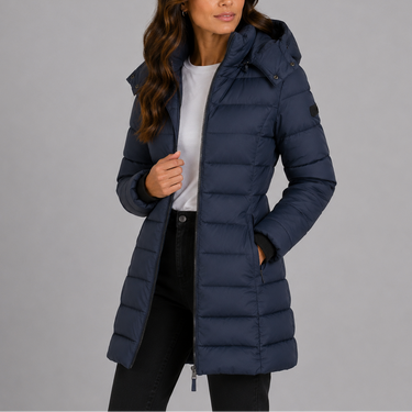 Close-up of adjustable hood on quilted puffer coat