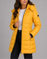 Detail shot of full-length zip closure on longline puffer coat