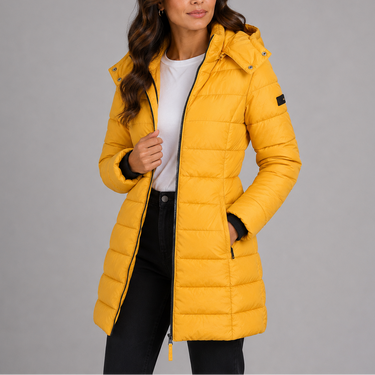 Detail shot of full-length zip closure on longline puffer coat