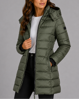 Close-up of side zip pocket on womens quilted puffer coat