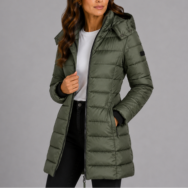 Close-up of side zip pocket on womens quilted puffer coat