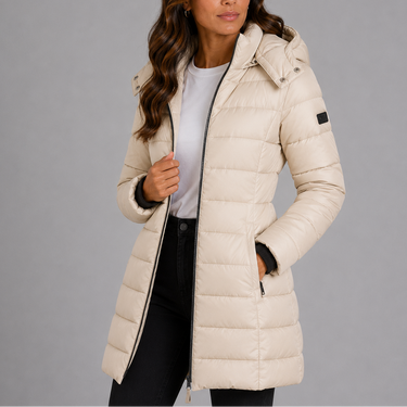 Rear view of longline hooded puffer coat showing quilted panel detail