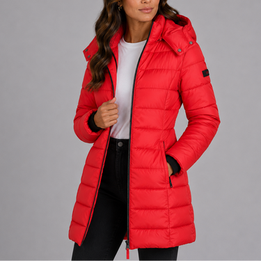 Model wearing longline puffer coat in an outdoor setting