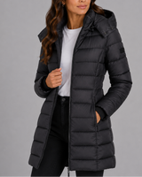 Flat lay of longline hooded puffer coat showing overall quilted structure