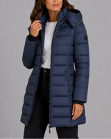 Front view of longline hooded puffer coat with full zip and quilted finish