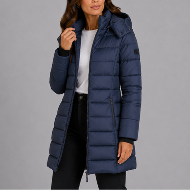 Front view of longline hooded puffer coat with full zip and quilted finish