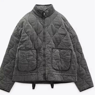 Close-up of front opening fastening on quilted jacket