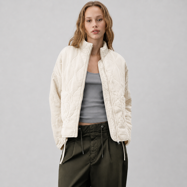 Close-up of quilted texture and high stand collar on jacket