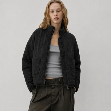 Detail shot of oversized patch pocket on quilted jacket front