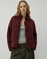 Back view of quilted jacket showing overall silhouette and hem length