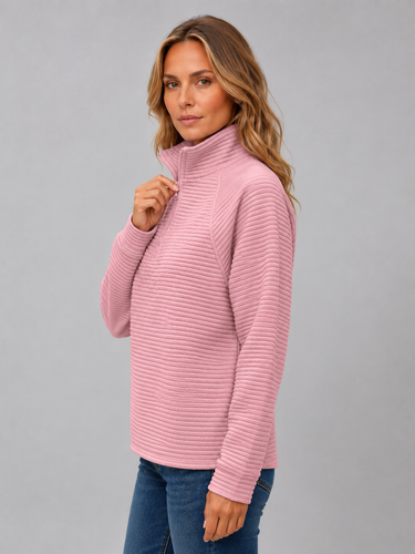 Close-up of half-zip neckline detail on ribbed knit jumper