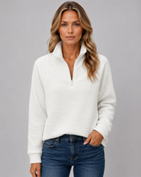 Back view of relaxed-fit ribbed knit pullover