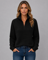 Close-up of all-over ribbed texture on knit pullover