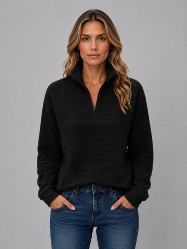 Close-up of all-over ribbed texture on knit pullover