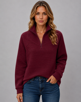 Full-length view of ribbed knit jumper styled casually