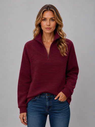 Full-length view of ribbed knit jumper styled casually