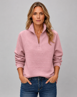 Front view of ribbed knit half-zip pullover with zip closed