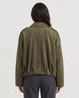 Close-up of the fold-over collar on a faux suede bomber jacket