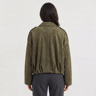 Close-up of the fold-over collar on a faux suede bomber jacket