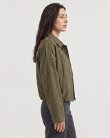 Detail shot of elasticated cuffs on a faux suede bomber jacket