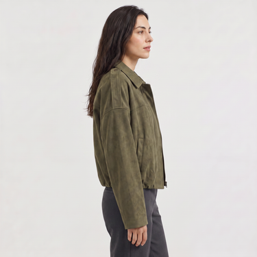 Detail shot of elasticated cuffs on a faux suede bomber jacket